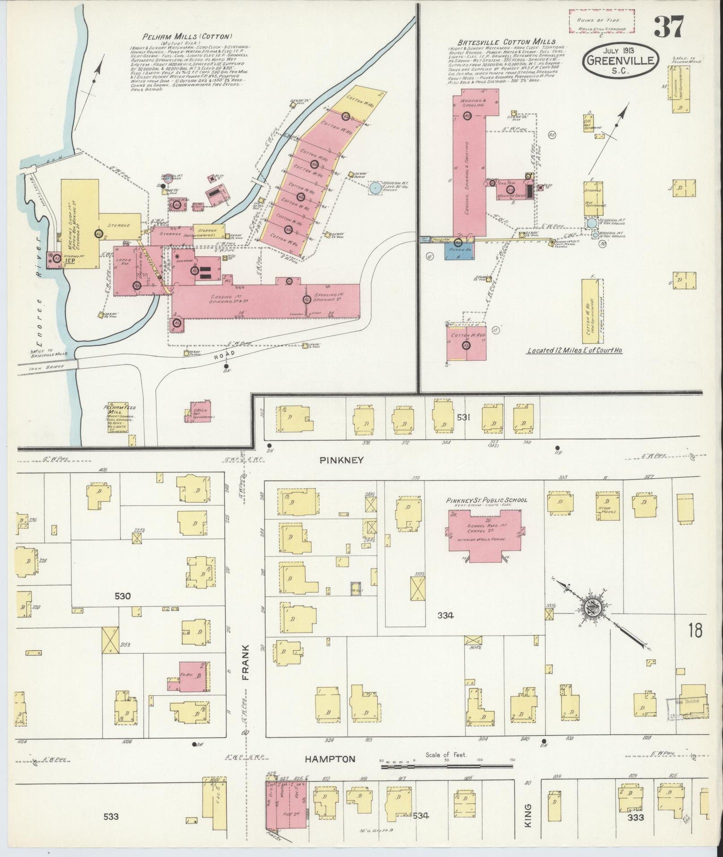 Sanborn Fire Insurance Map from Greenville, Greenville County, South Carolina (1913), Sheet #0037 - Complete Map Set gallery image, historic Sanborn map, vintage wall art, South Carolina South Carolina