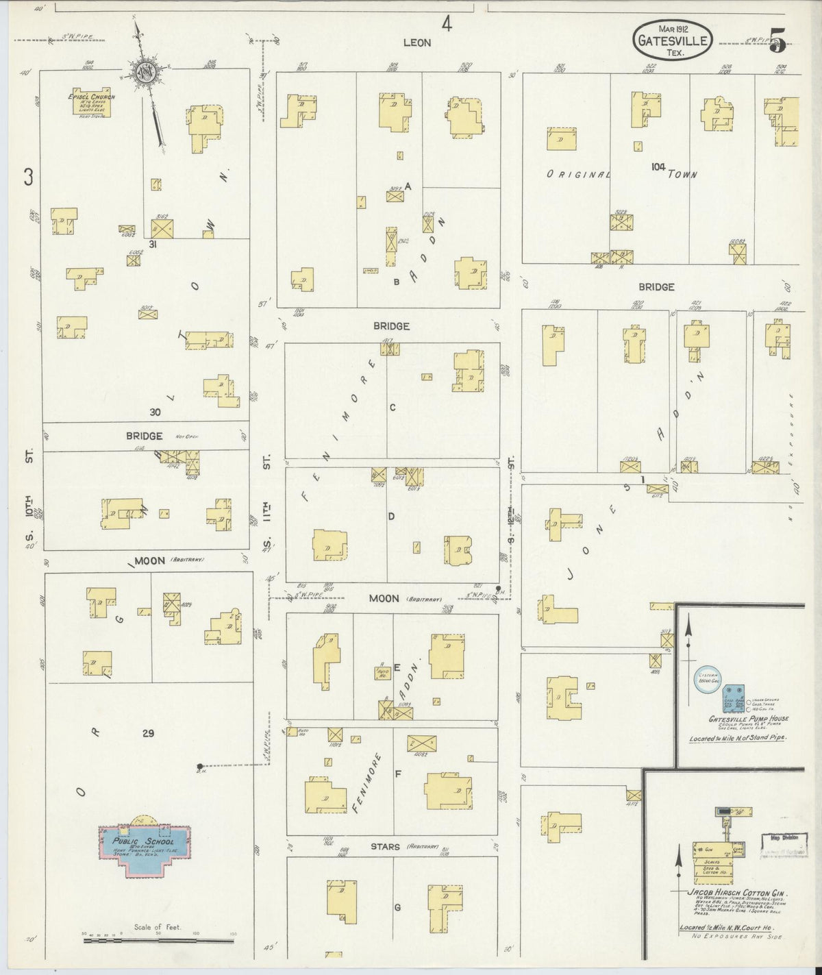 Sanborn Fire Insurance Map from Gatesville, Coryell County, Texas (1912), Sheet #0005 - Historic Sanborn Fire Insurance Map Print, vintage old map wall art, antique decor, genealogy gift, Texas Texas map