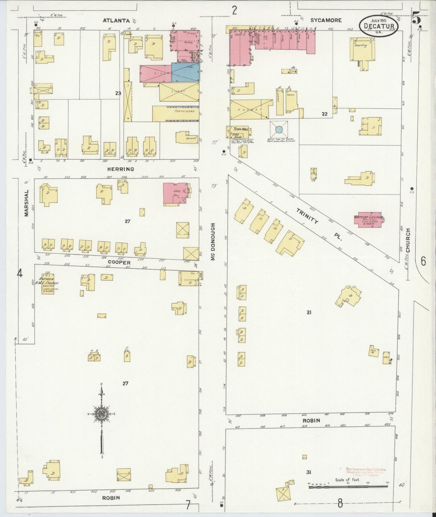 Sanborn Fire Insurance Map from Decatur, De Kalb County, Georgia (1911), Sheet #0005 - Complete Map Set gallery image, historic Sanborn map, vintage wall art, Georgia Georgia