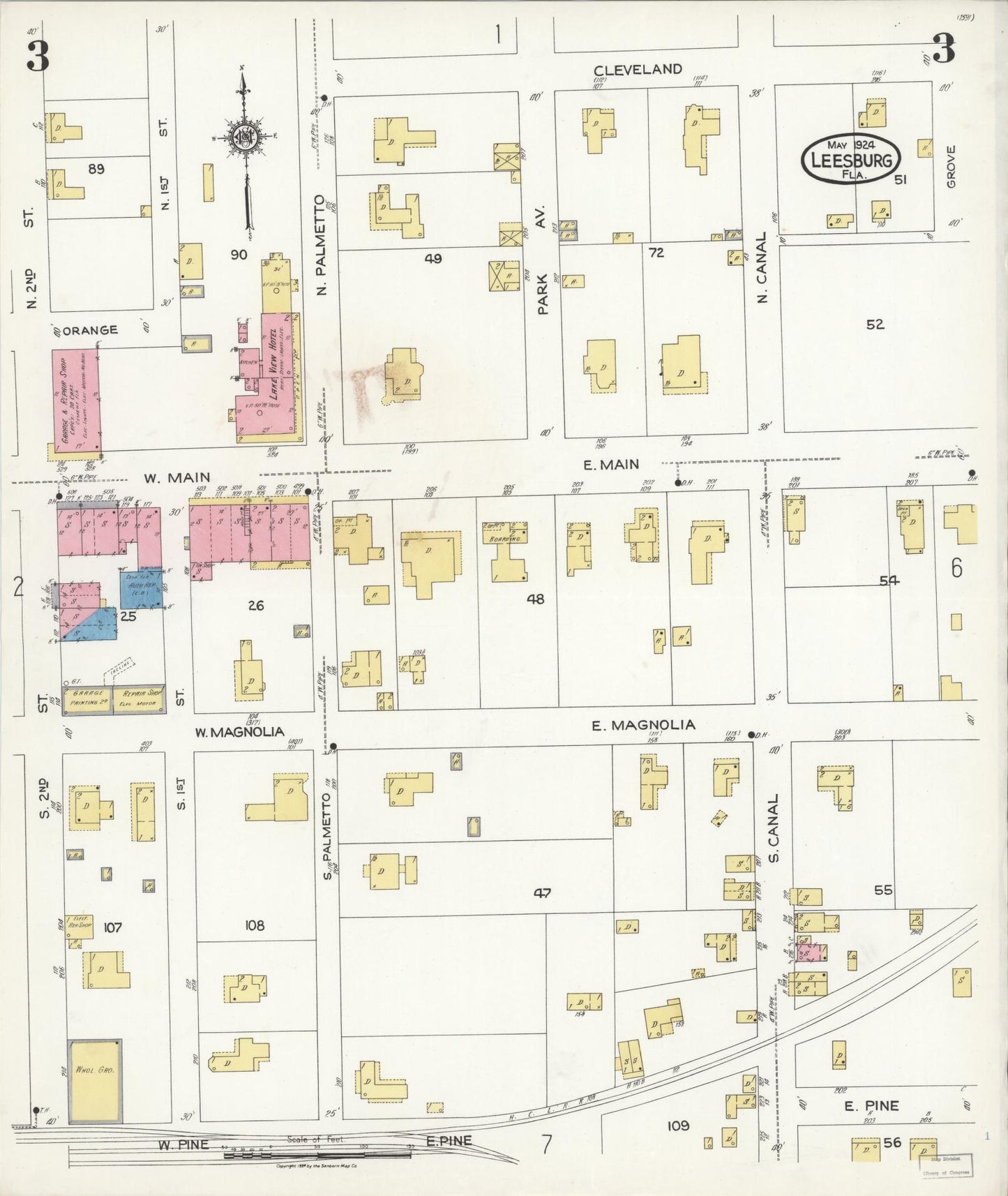 Sanborn Fire Insurance Map from Leesburg, Lake County, Florida (1924), Sheet #0003 - Complete Map Set gallery image, historic Sanborn map, vintage wall art, Florida Florida