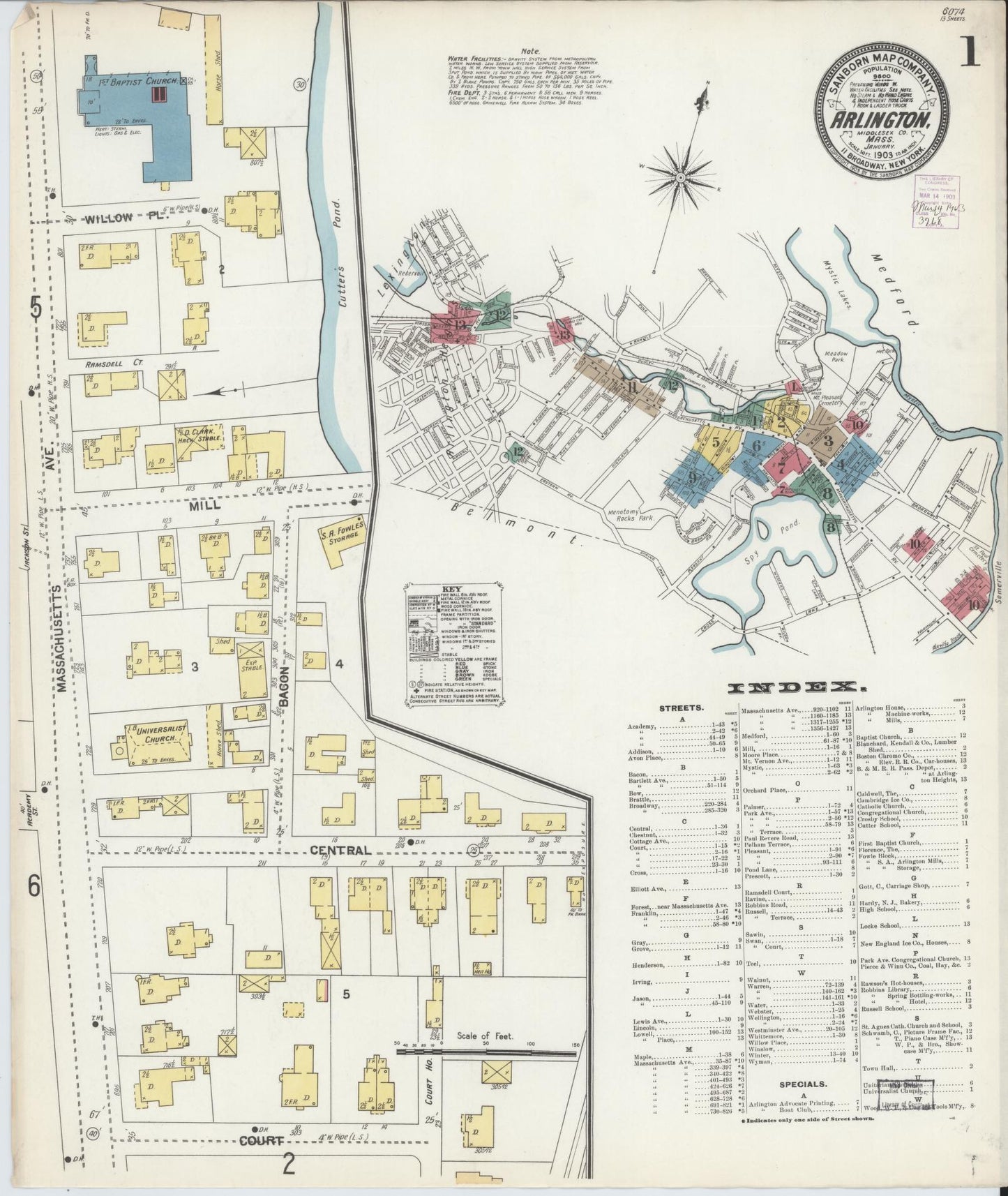 Sanborn Fire Insurance Map from Arlington, Middlesex County, Massachusetts (1903), Sheet #0001 - Complete Map Set gallery image, historic Sanborn map, vintage wall art, Massachusetts Massachusetts
