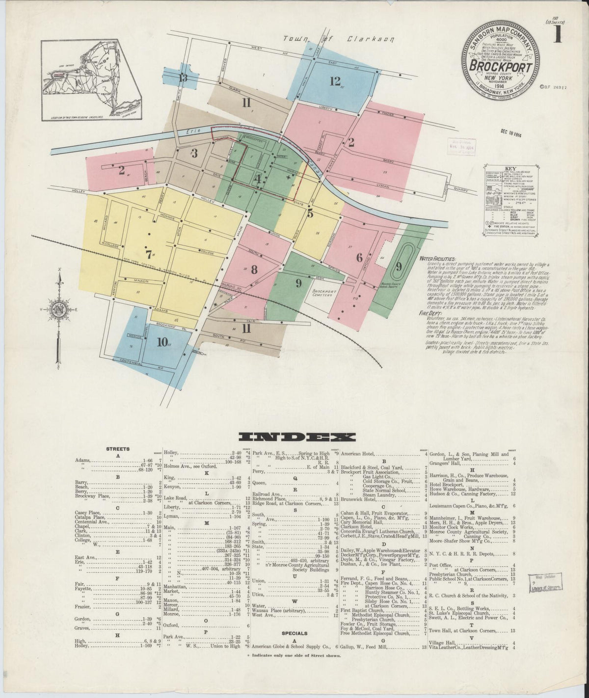 Sanborn Fire Insurance Map from Brockport, Monroe County, New York (1914), Sheet #0001 - Historic Sanborn Fire Insurance Map Print, vintage old map wall art, antique decor, genealogy gift, New York New York map