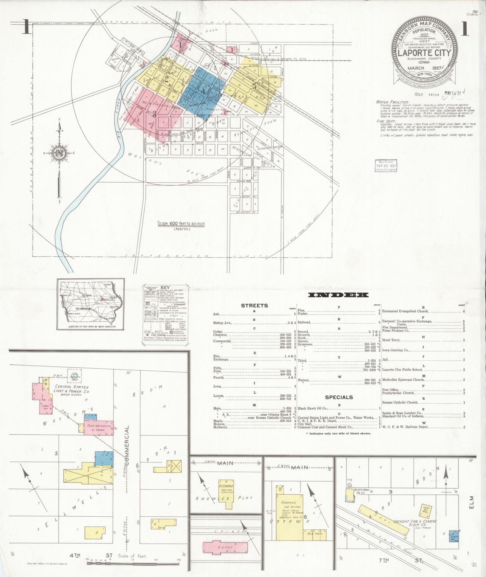 Sanborn Fire Insurance Map from La Porte City, Black Hawk County, Iowa (1927), Sheet #0001 - Historic Sanborn Fire Insurance Map Print, vintage old map wall art