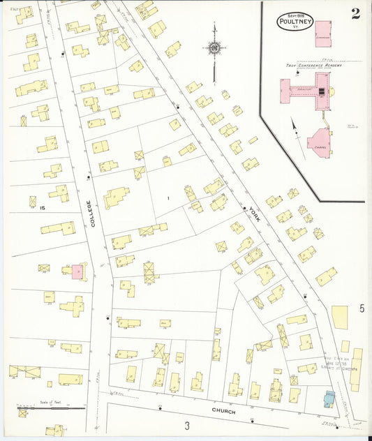 Sanborn Fire Insurance Map from Poultney, Rutland County, Vermont (1909), Sheet #0002 - Historic Sanborn Fire Insurance Map Print, vintage old map wall art, antique decor, genealogy gift, Vermont Vermont map