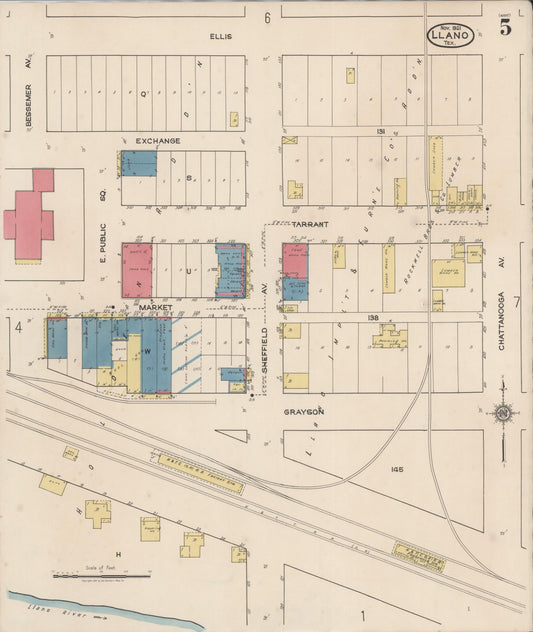 Sanborn Fire Insurance Map from Llano, Llano County, Texas (1921), Sheet #0005 - Historic Sanborn Fire Insurance Map Print, vintage old map wall art, antique decor, genealogy gift, Texas Texas map