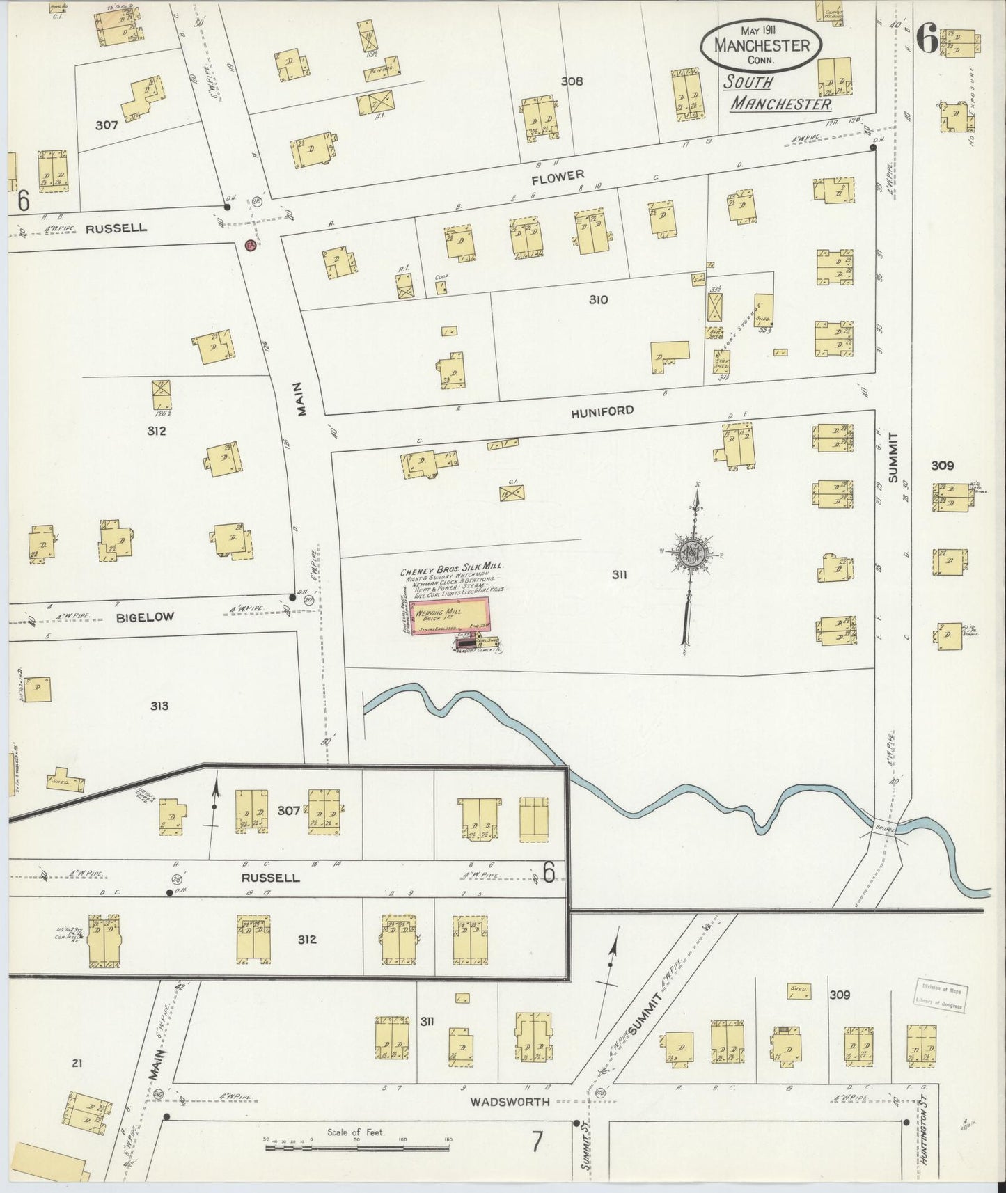 Sanborn Fire Insurance Map from Manchester, Hartford County, Connecticut (1911), Sheet #0006 - Historic Sanborn Fire Insurance Map Print, vintage old map wall art, antique decor, genealogy gift, Connecticut Connecticut map
