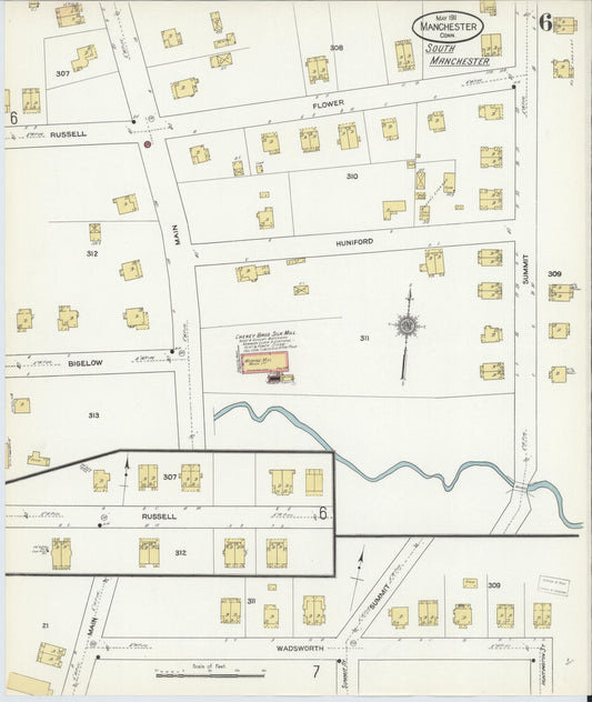 Sanborn Fire Insurance Map from Manchester, Hartford County, Connecticut (1911), Sheet #0006 - Historic Sanborn Fire Insurance Map Print, vintage old map wall art, antique decor, genealogy gift, Connecticut Connecticut map