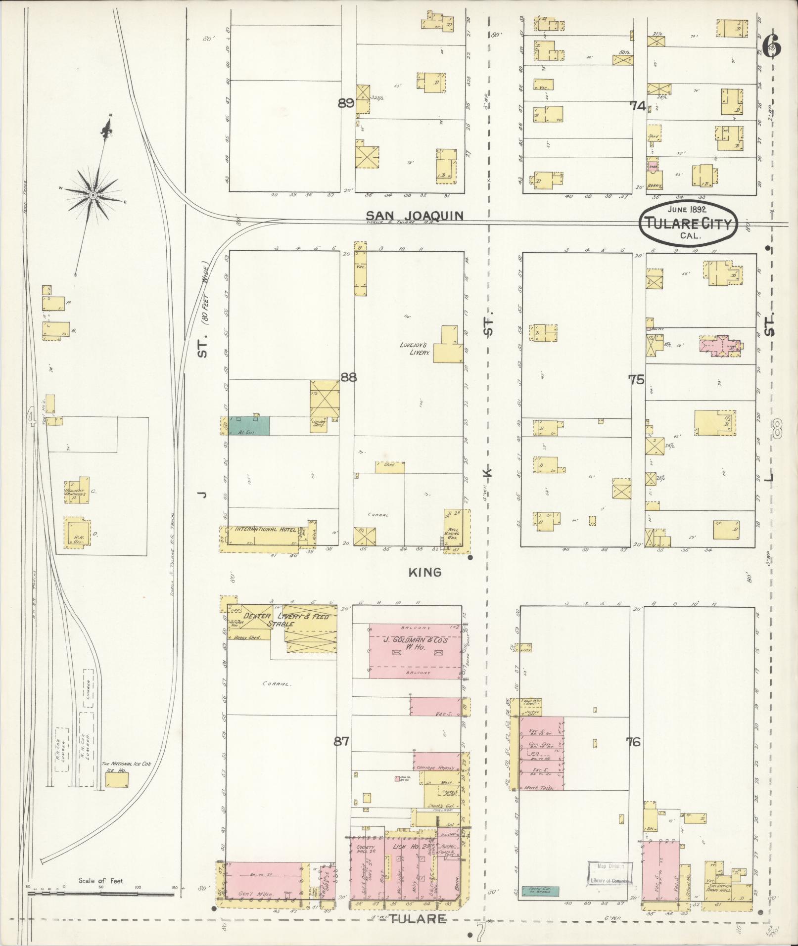 Sanborn Fire Insurance Map from Tulare, Tulare County, California (1892), Sheet #0006 - Complete Map Set gallery image, historic Sanborn map, vintage wall art, California California