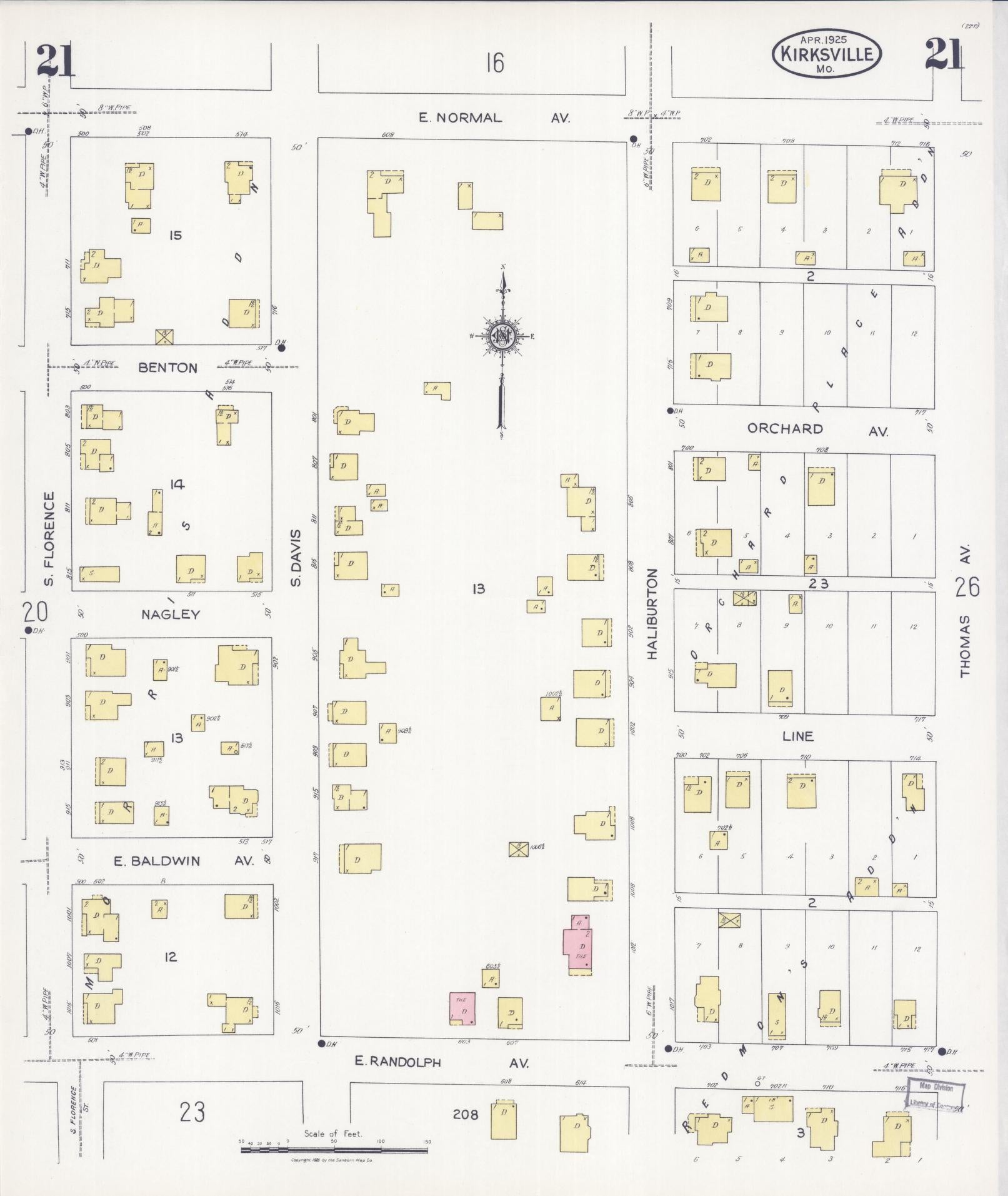 Sanborn Fire Insurance Map from Kirksville, Adair County, Missouri (1925), Sheet #0021 - Historic Sanborn Fire Insurance Map Print, vintage old map wall art, antique decor, genealogy gift, Missouri Missouri map