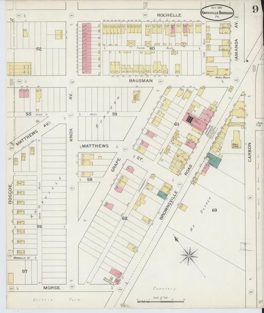 Sanborn Fire Insurance Map from Knoxville Borough, Allegheny County, Pennsylvania (1893), Sheet #0009 - Historic Sanborn Fire Insurance Map Print, vintage old map wall art, antique decor, genealogy gift, Pennsylvania Pennsylvania map