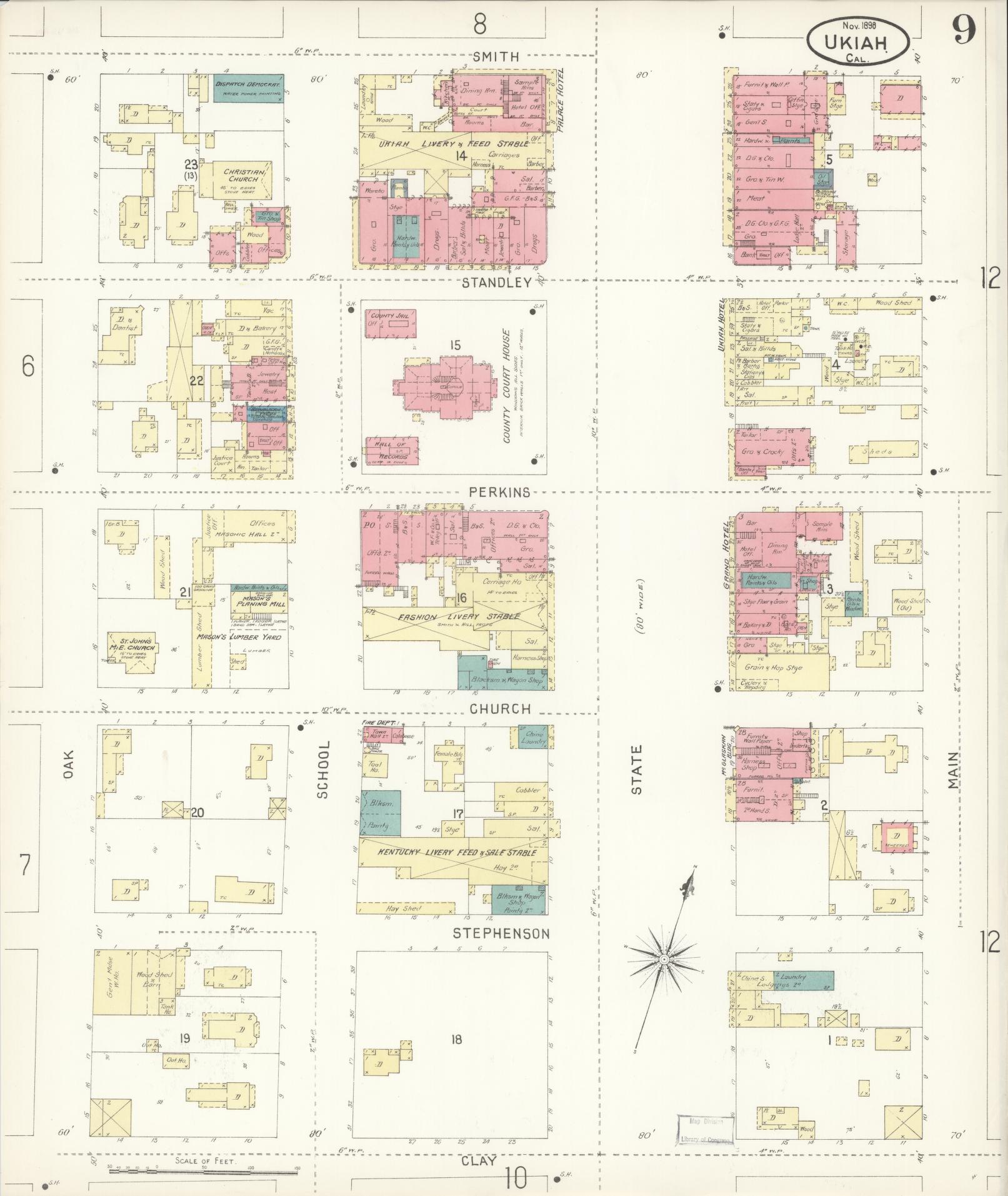 Sanborn Fire Insurance Map from Ukiah, Mendocino County, California (1898), Sheet #0009 - Complete Map Set gallery image, historic Sanborn map, vintage wall art, California California