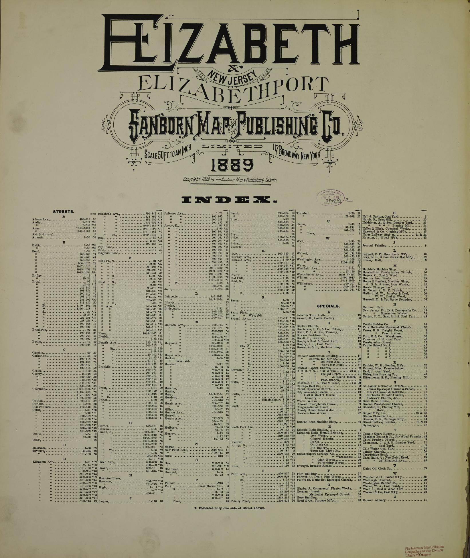 Sanborn Fire Insurance Map from Elizabeth, Union County, New Jersey. (1889) – Historic Sanborn Fire Insurance Map Print