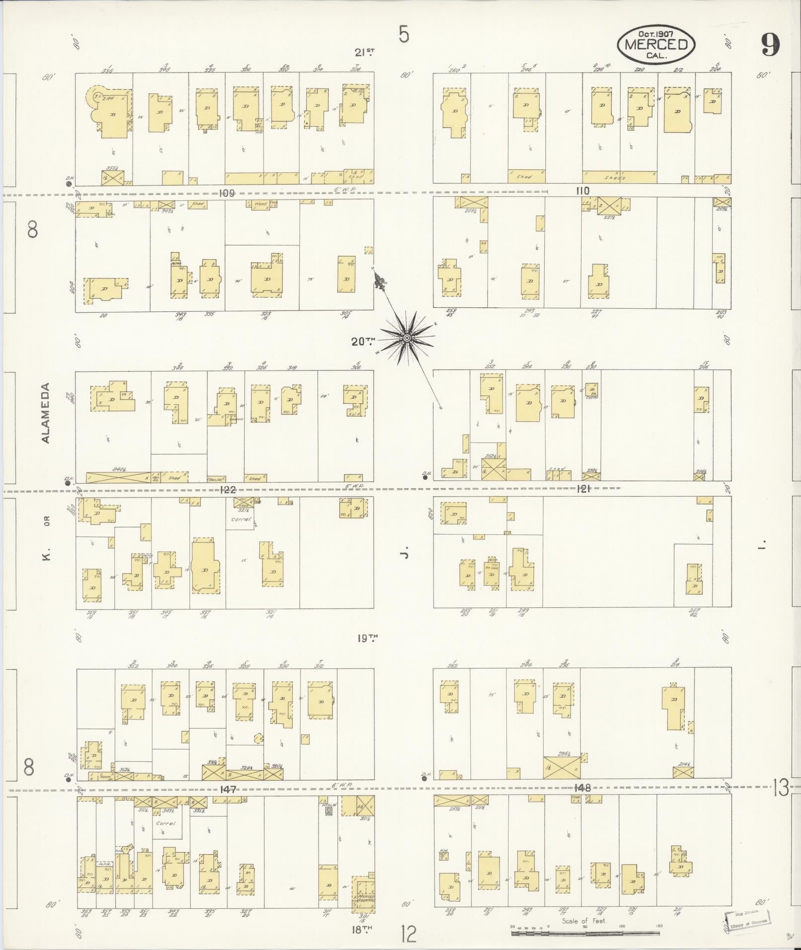 Sanborn Fire Insurance Map from Merced, Merced County, California (1907), Sheet #0009 - Complete Map Set gallery image, historic Sanborn map, vintage wall art, California California