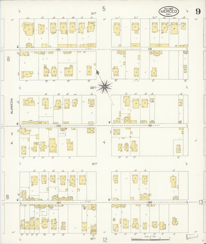 Sanborn Fire Insurance Map from Merced, Merced County, California (1907), Sheet #0009 - Complete Map Set gallery image, historic Sanborn map, vintage wall art, California California