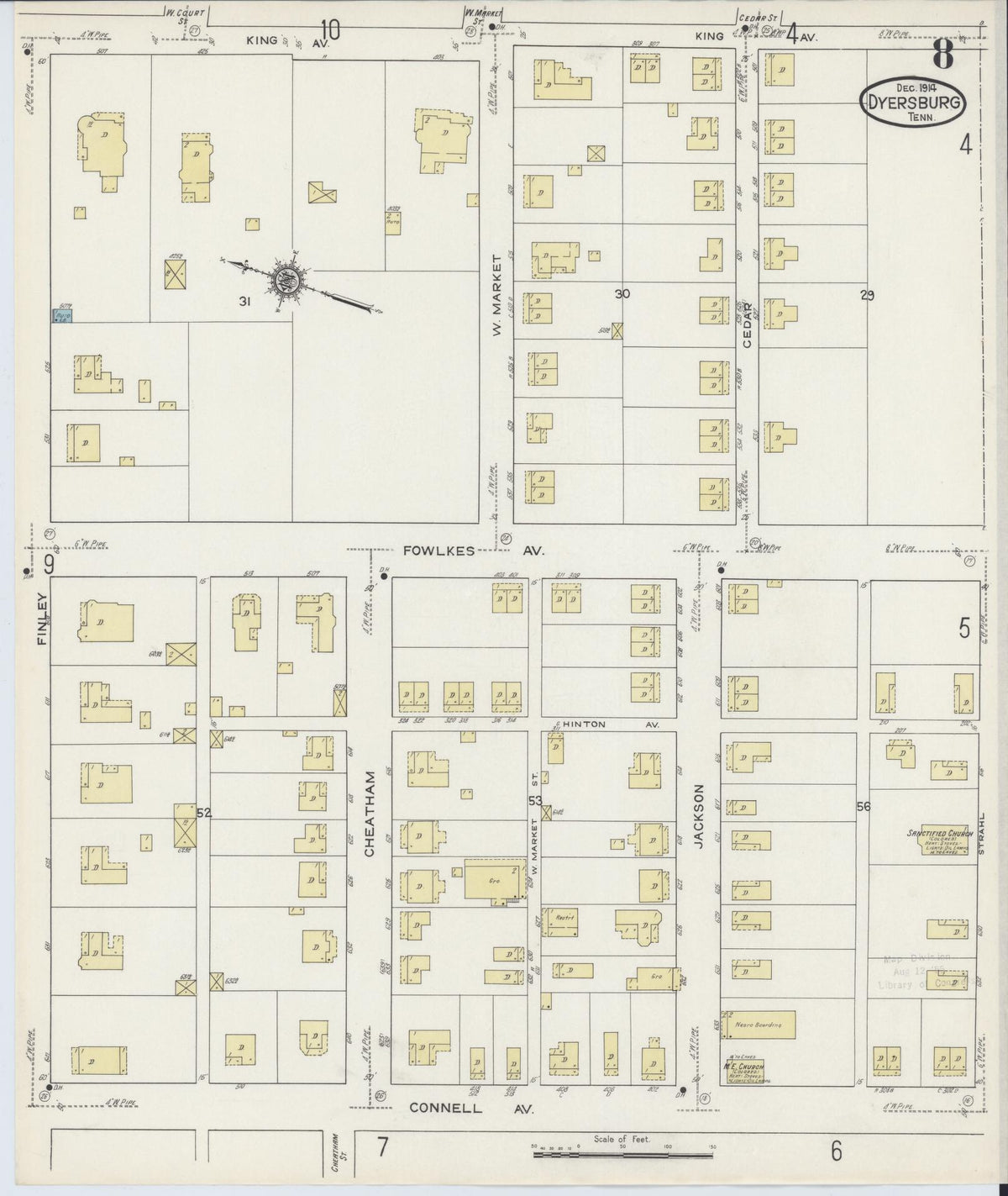 Sanborn Fire Insurance Map from Dyersburg, Dyer County, Tennessee (1914), Sheet #0008 - Historic Sanborn Fire Insurance Map Print, vintage old map wall art, antique decor, genealogy gift, Tennessee Tennessee map