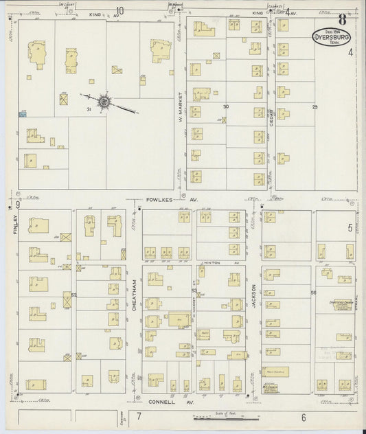 Sanborn Fire Insurance Map from Dyersburg, Dyer County, Tennessee (1914), Sheet #0008 - Historic Sanborn Fire Insurance Map Print, vintage old map wall art, antique decor, genealogy gift, Tennessee Tennessee map