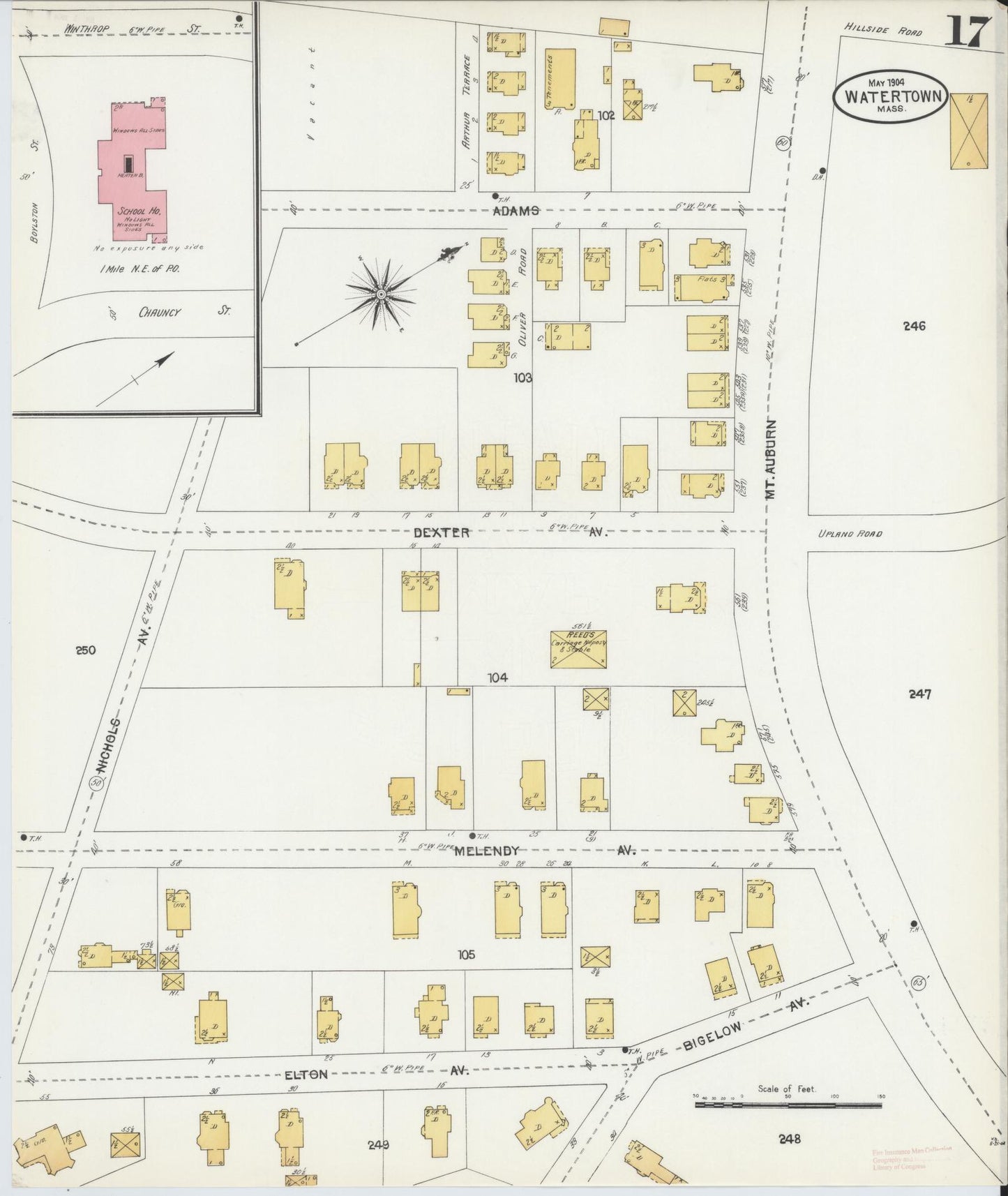 Sanborn Fire Insurance Map from Watertown, Middlesex County, Massachusetts (1904), Sheet #0017 - Historic Sanborn Fire Insurance Map Print, vintage old map wall art, antique decor, genealogy gift, Massachusetts Massachusetts map