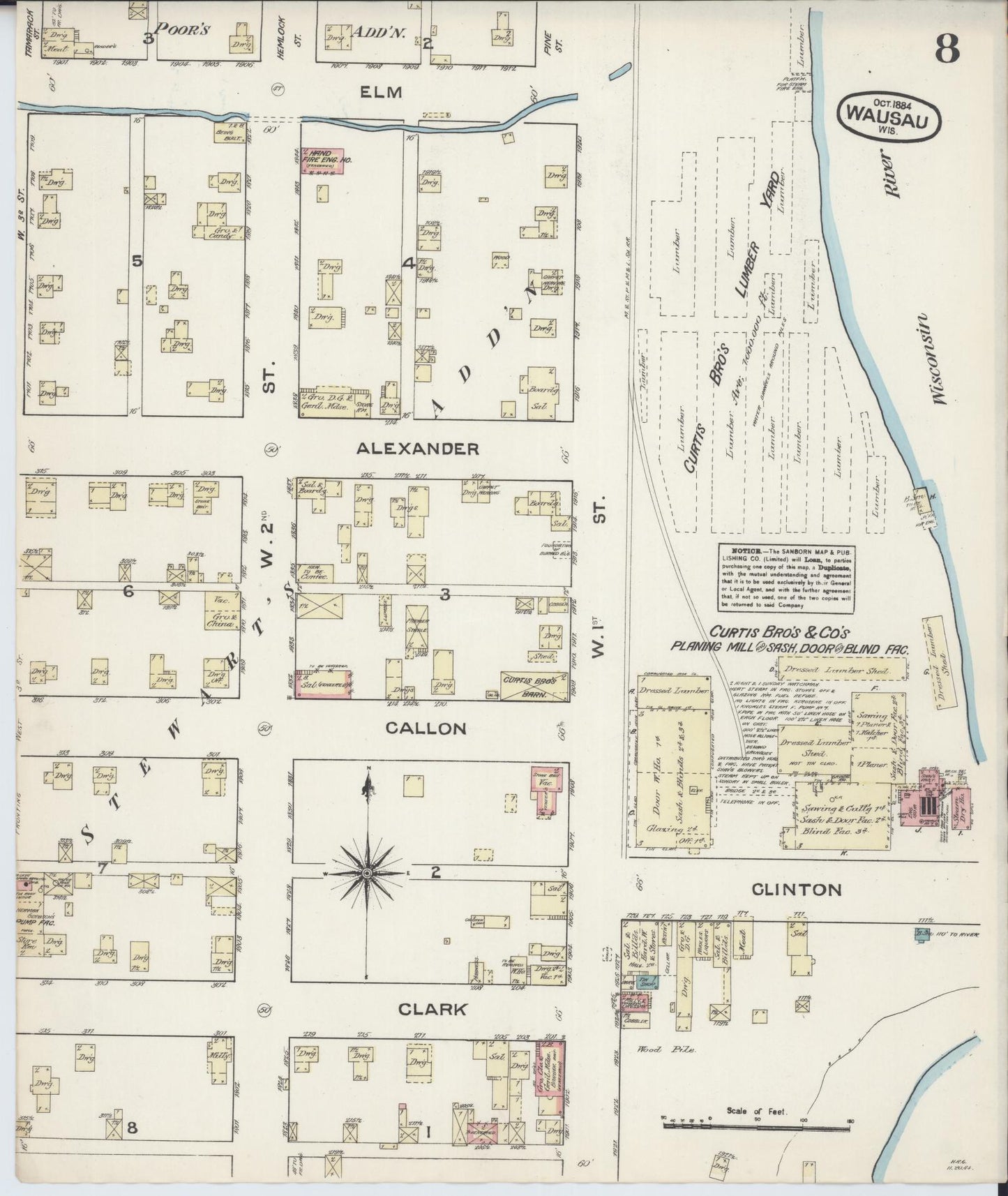 Sanborn Fire Insurance Map from Wausau, Marathon County, Wisconsin (1884), Sheet #0008 - Historic Sanborn Fire Insurance Map Print, vintage old map wall art, antique decor, genealogy gift, Wisconsin Wisconsin map