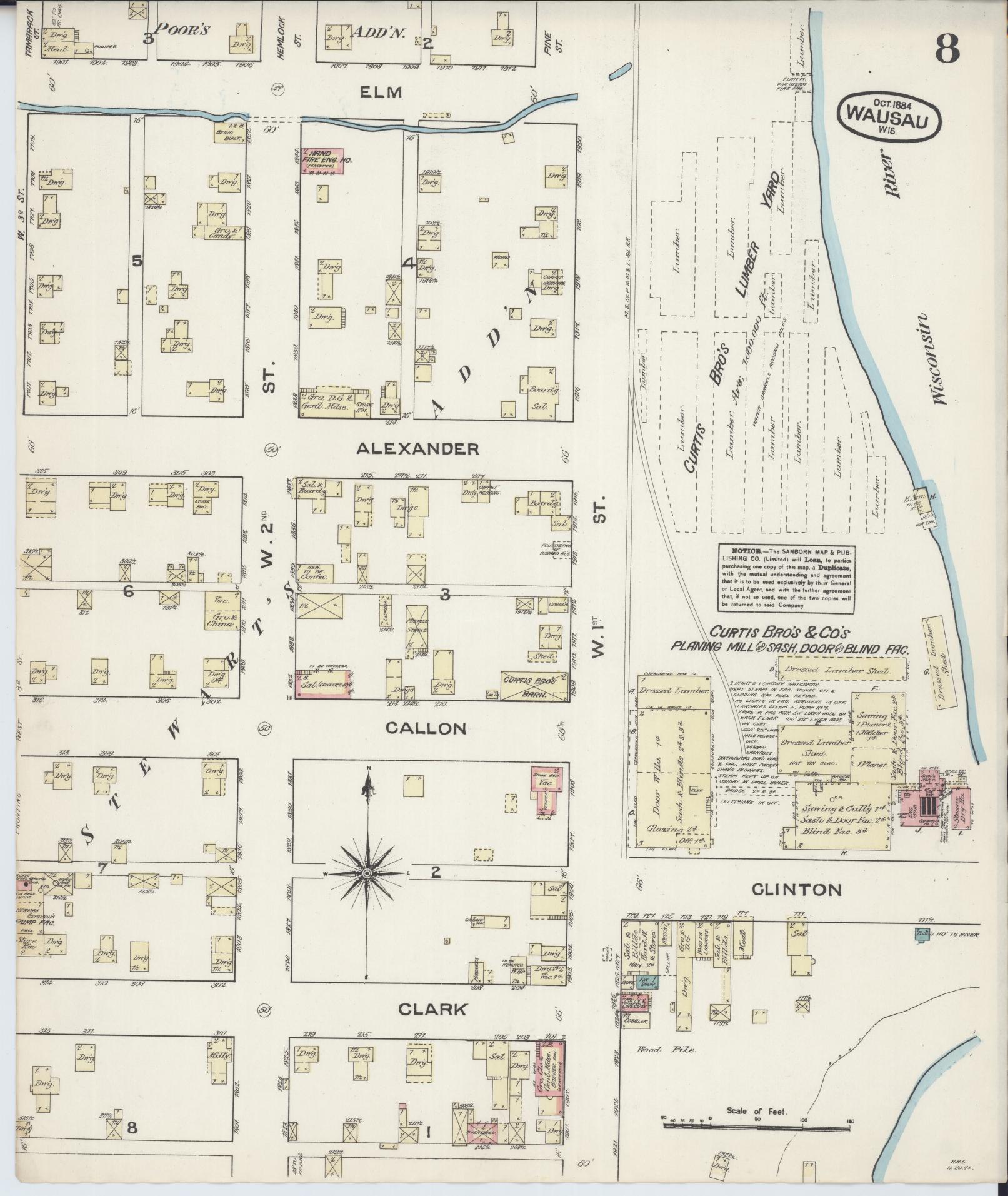 Sanborn Fire Insurance Map from Wausau, Marathon County, Wisconsin (1884), Sheet #0008 - Historic Sanborn Fire Insurance Map Print, vintage old map wall art, antique decor, genealogy gift, Wisconsin Wisconsin map