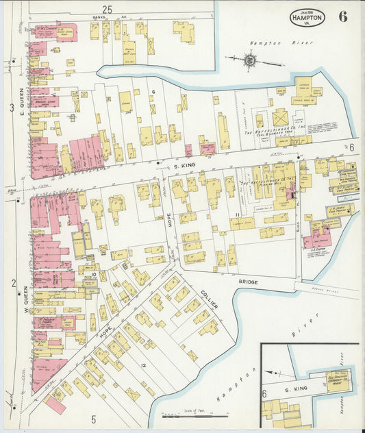 Sanborn Fire Insurance Map from Hampton, Independent Cities, Virginia (1916), Sheet #0006 - Historic Sanborn Fire Insurance Map Print, vintage old map wall art, antique decor, genealogy gift, Virginia Virginia map