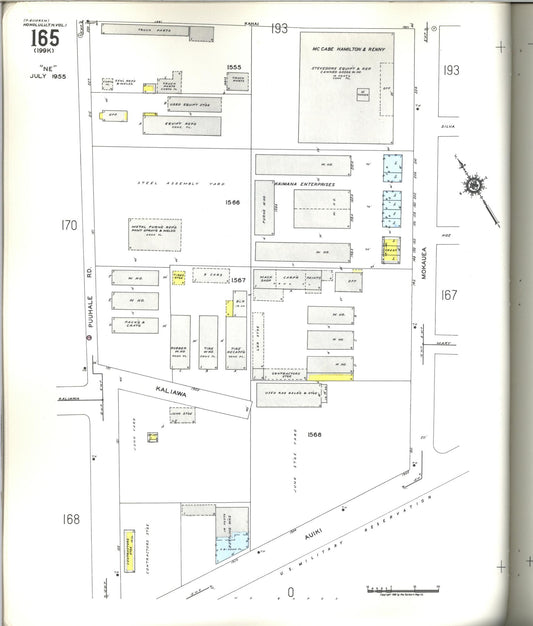 Sanborn Fire Insurance Map from Honolulu, Oahu County, Hawaii (1955), Sheet #0165 - Historic Sanborn Fire Insurance Map Print, vintage old map wall art