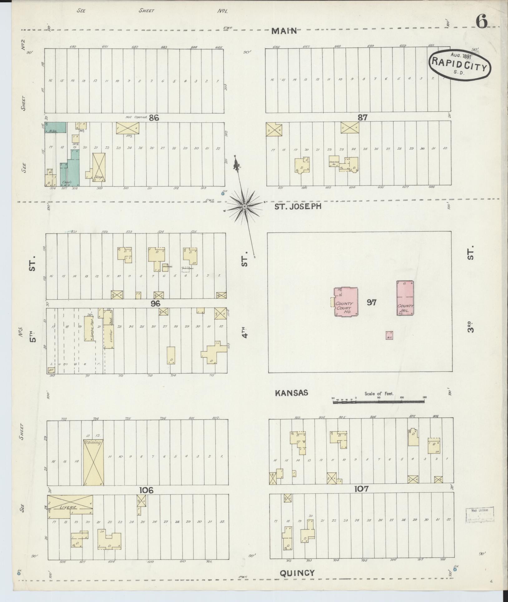 Sanborn Fire Insurance Map from Rapid City, Pennington County, South Dakota (1891), Sheet #0006 - Historic Sanborn Fire Insurance Map Print, vintage old map wall art, antique decor, genealogy gift, South Dakota South Dakota map