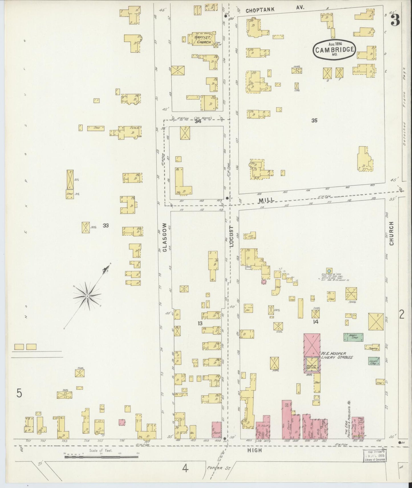 Dorchester, Maryland - 1896 - Sanborn Fire Insurance Map, Sheet #0003 - Historic Sanborn Fire Insurance Map Print, Dorchester Maryland 1896 0003 vintage old map wall art