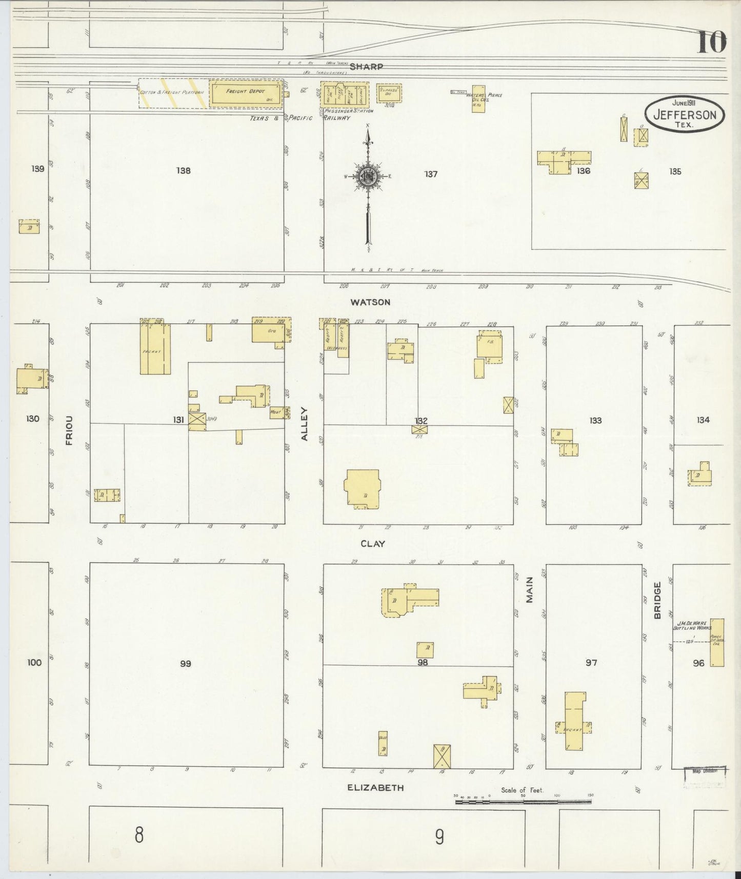 Sanborn Fire Insurance Map from Jefferson, Marion County, Texas (1911), Sheet #0010 - Historic Sanborn Fire Insurance Map Print, vintage old map wall art, antique decor, genealogy gift, Texas Texas map