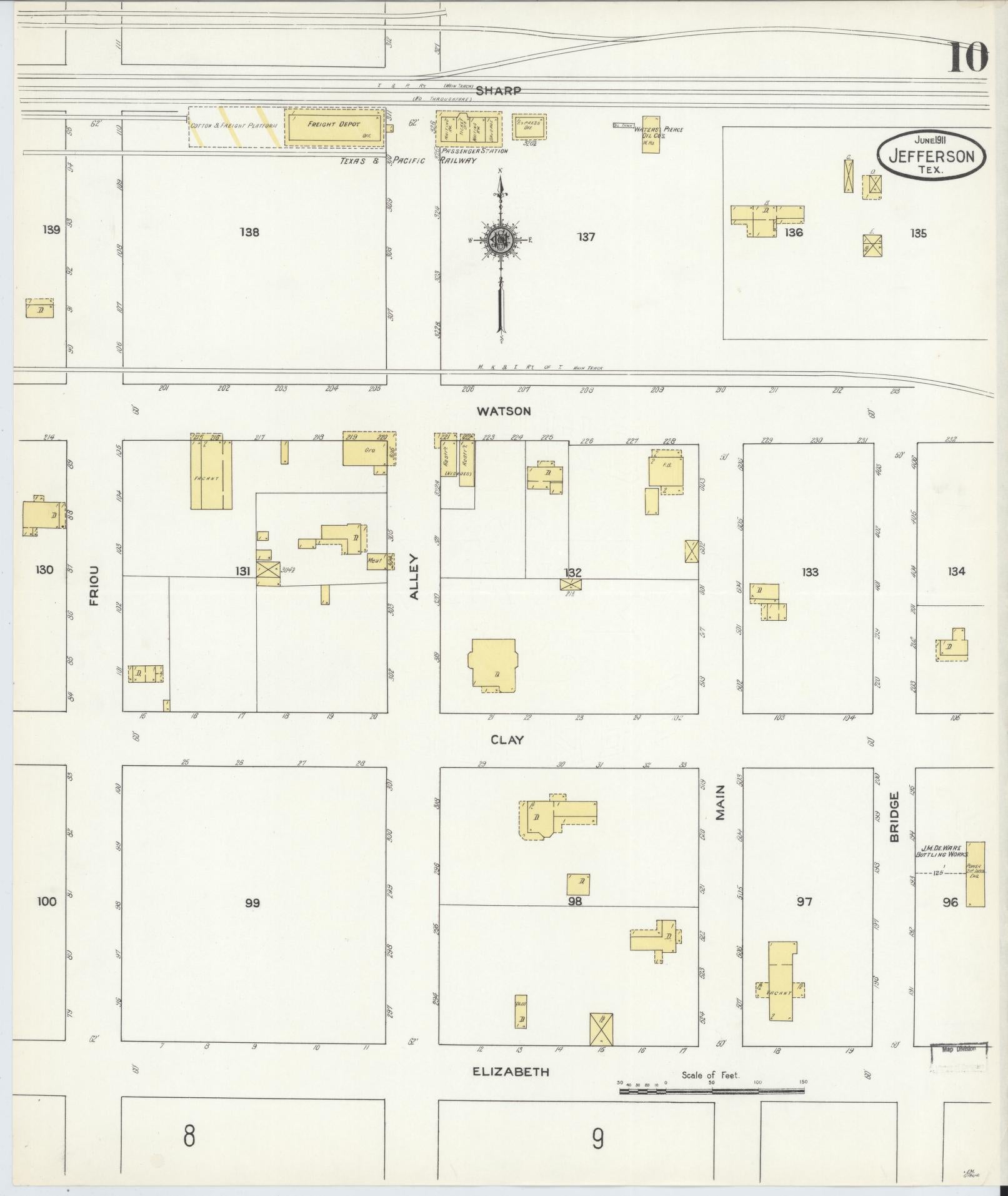 Sanborn Fire Insurance Map from Jefferson, Marion County, Texas (1911), Sheet #0010 - Historic Sanborn Fire Insurance Map Print, vintage old map wall art, antique decor, genealogy gift, Texas Texas map