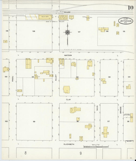 Sanborn Fire Insurance Map from Jefferson, Marion County, Texas (1911), Sheet #0010 - Historic Sanborn Fire Insurance Map Print, vintage old map wall art, antique decor, genealogy gift, Texas Texas map