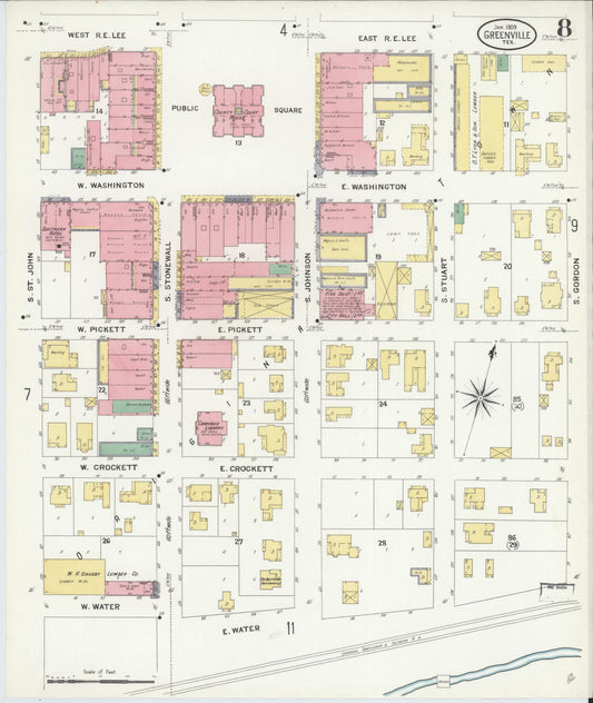 Sanborn Fire Insurance Map from Greenville, Hunt County, Texas (1909), Sheet #0008 - Historic Sanborn Fire Insurance Map Print, vintage old map wall art, antique decor, genealogy gift, Texas Texas map