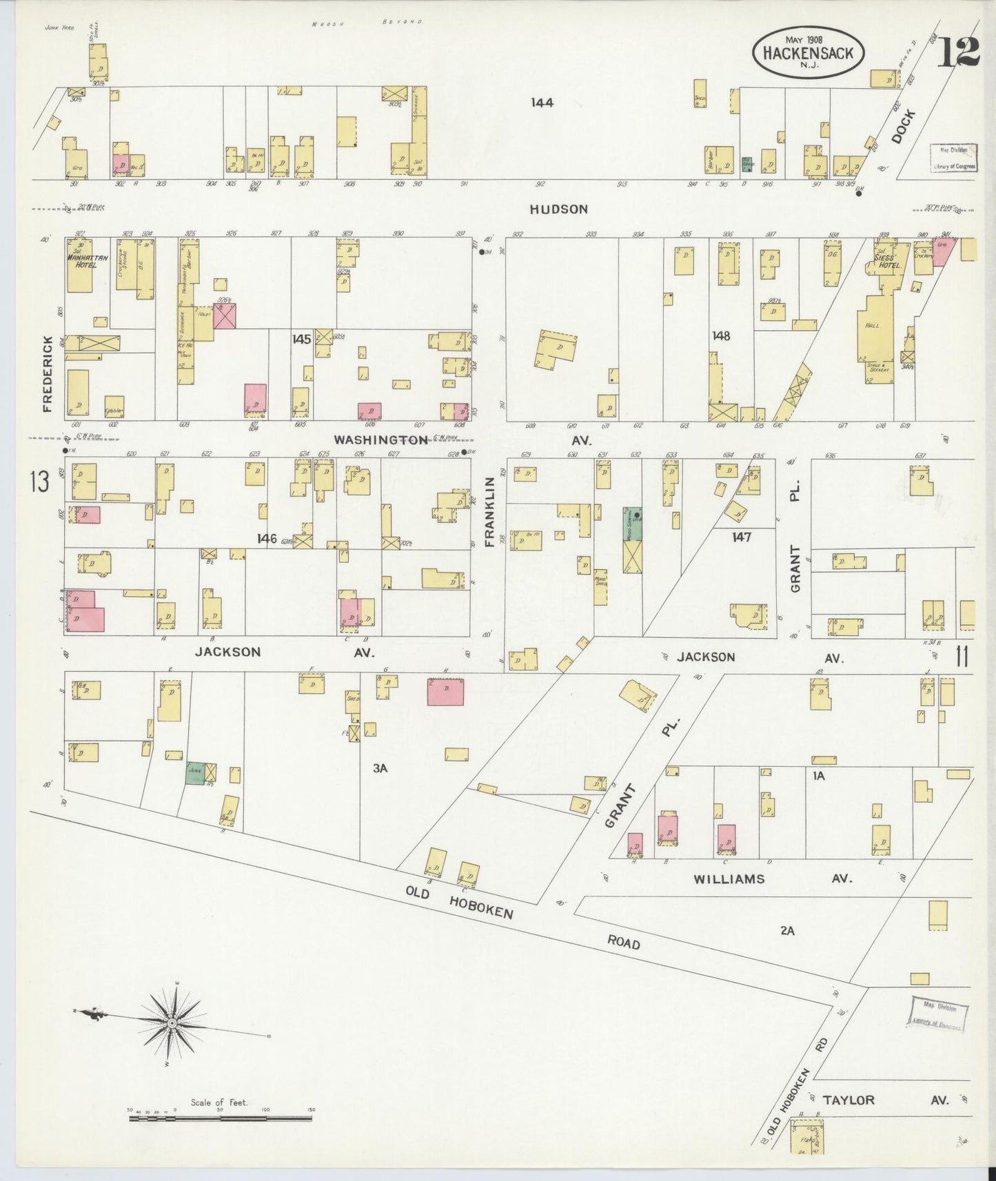 Sanborn Fire Insurance Map from Hackensack, Bergen County, New Jersey (1908), Sheet #0012 - Complete Map Set gallery image, historic Sanborn map, vintage wall art, New Jersey New Jersey