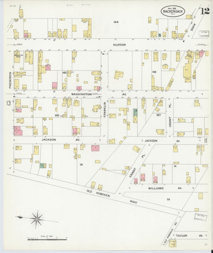 Sanborn Fire Insurance Map from Hackensack, Bergen County, New Jersey (1908), Sheet #0012 - Complete Map Set gallery image, historic Sanborn map, vintage wall art, New Jersey New Jersey