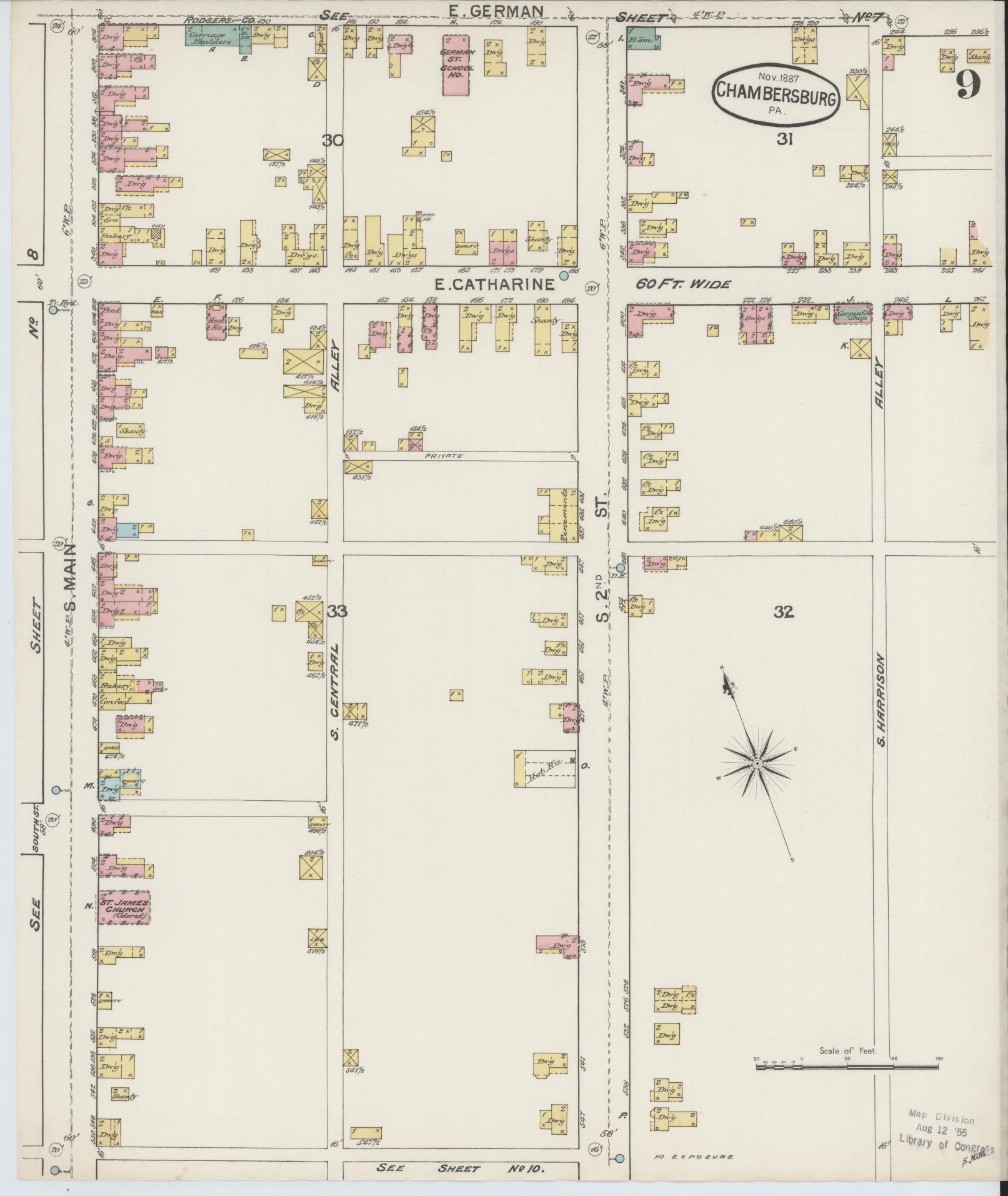 Sanborn Fire Insurance Map from Chambersburg, Franklin County, Pennsylvania (1887), Sheet #0009 - Historic Sanborn Fire Insurance Map Print, vintage old map wall art, antique decor, genealogy gift, Pennsylvania Pennsylvania map