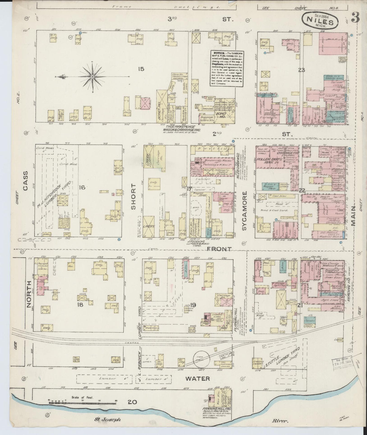 Sanborn Fire Insurance Map from Niles, Berrien County, Michigan (1884), Sheet #0003 - Historic Sanborn Fire Insurance Map Print, vintage old map wall art, antique decor, genealogy gift, Michigan Michigan map