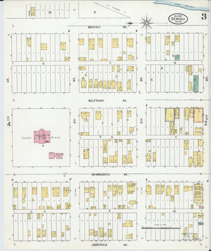 Sanborn Fire Insurance Map from Bemidji, Beltrami County, Minnesota (1904), Sheet #0003 - Complete Map Set gallery image, historic Sanborn map, vintage wall art, Minnesota Minnesota