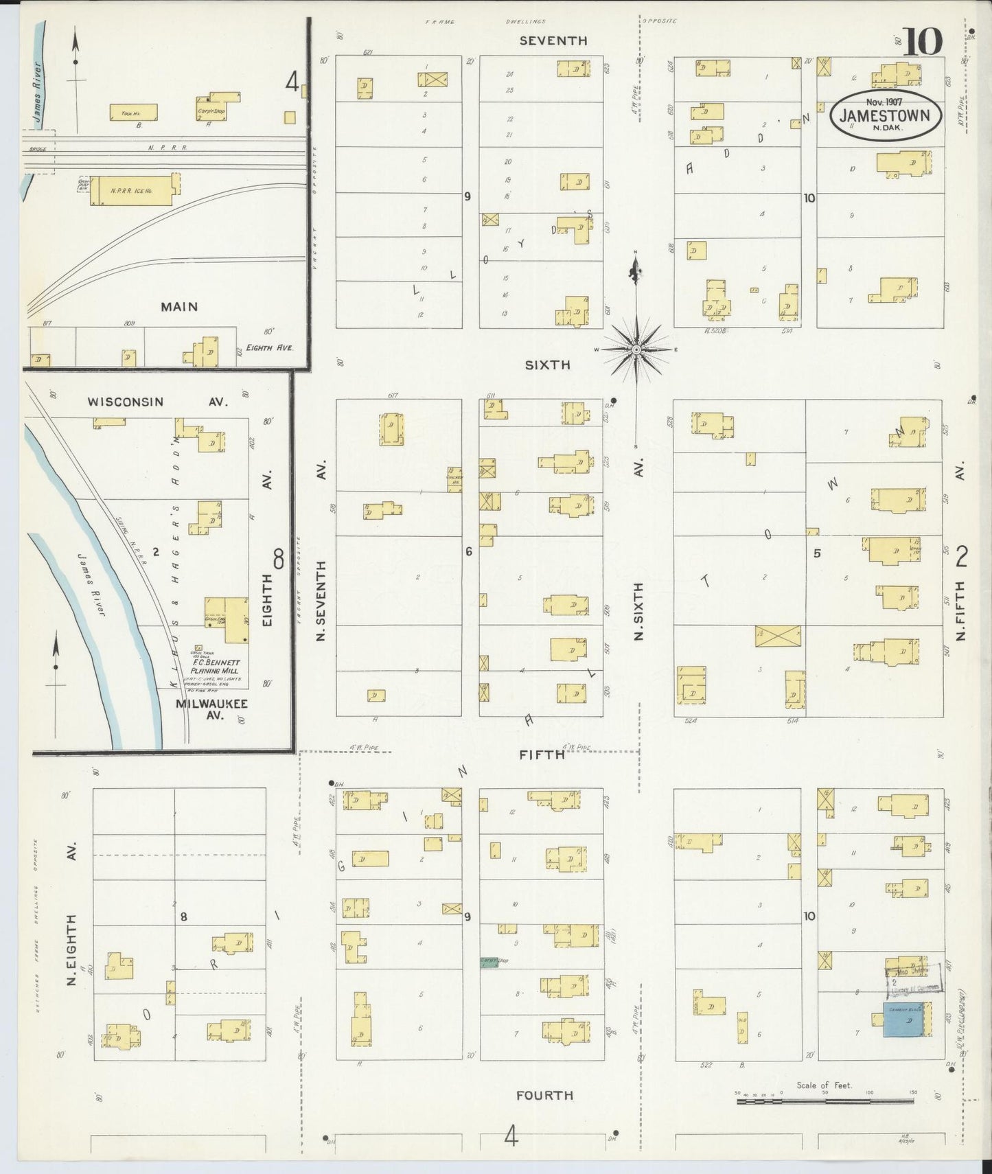 Sanborn Fire Insurance Map from Jamestown, Stutsman County, North Dakota (1907), Sheet #0010 - Complete Map Set gallery image, historic Sanborn map, vintage wall art, North Dakota North Dakota