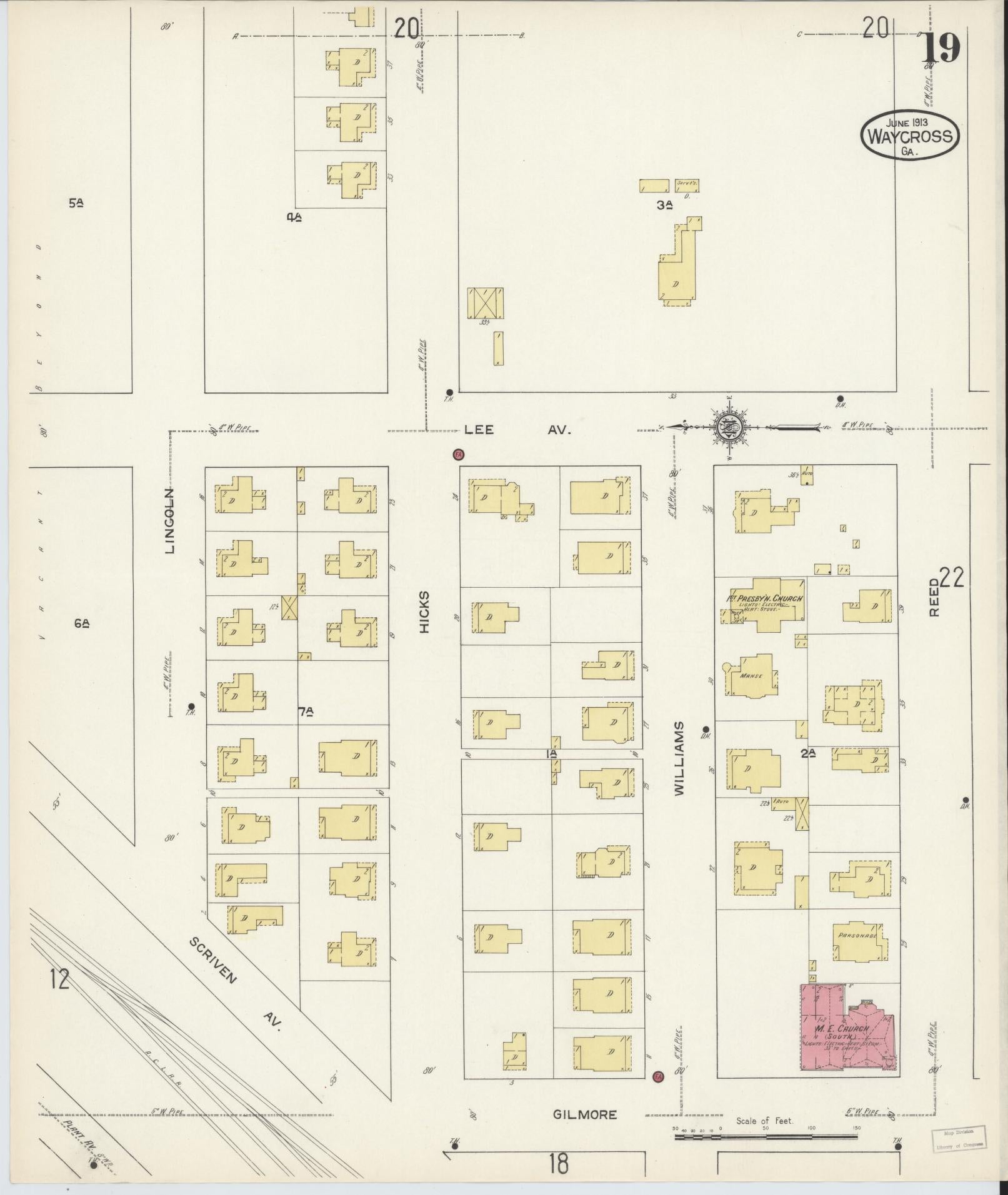 Sanborn Fire Insurance Map from Waycross, Ware County, Georgia (1913), Sheet #0019 - Historic Sanborn Fire Insurance Map Print, vintage old map wall art, antique decor, genealogy gift, Georgia Georgia map