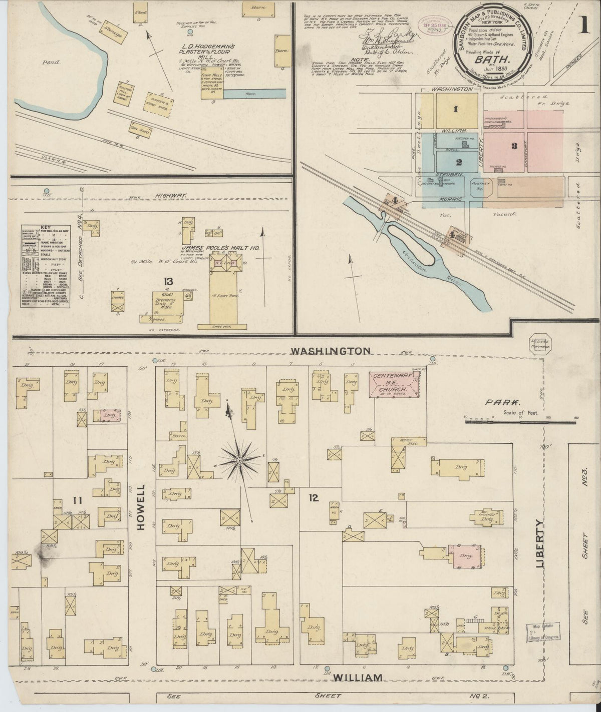 Sanborn Fire Insurance Map from Bath, Steuben County, New York (1888), Sheet #0001 - Complete Map Set gallery image, historic Sanborn map, vintage wall art, New York New York