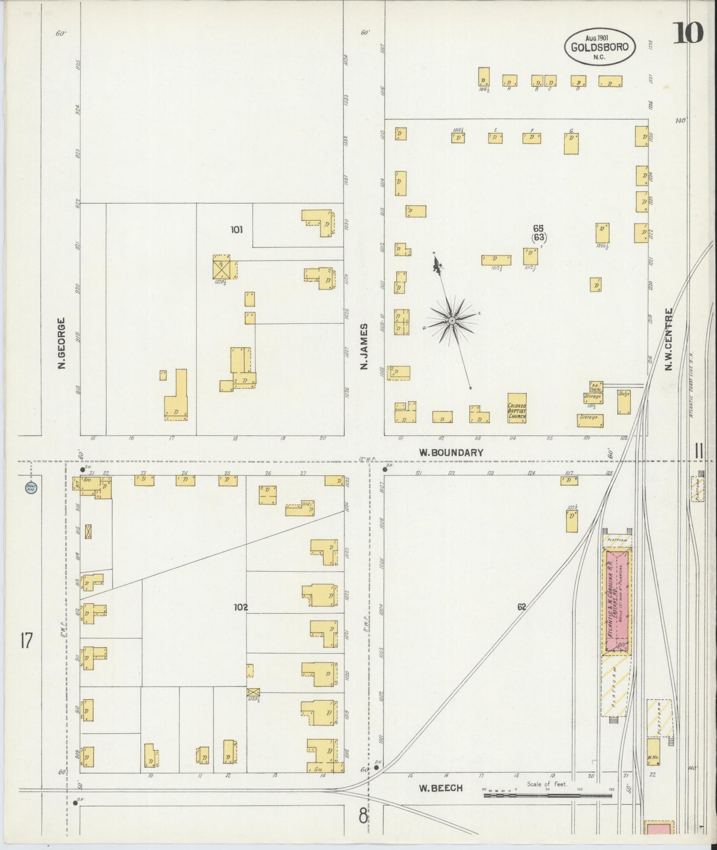 Sanborn Fire Insurance Map from Goldsboro, Wayne County, North Carolina (1901), Sheet #0010 - Complete Map Set gallery image, historic Sanborn map, vintage wall art, North Carolina North Carolina