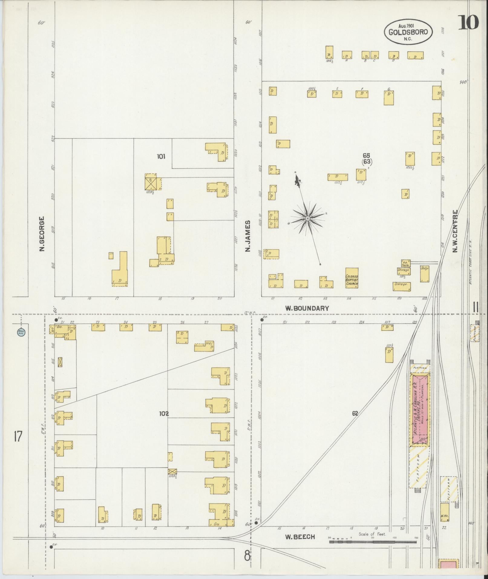Sanborn Fire Insurance Map from Goldsboro, Wayne County, North Carolina (1901), Sheet #0010 - Complete Map Set gallery image, historic Sanborn map, vintage wall art, North Carolina North Carolina