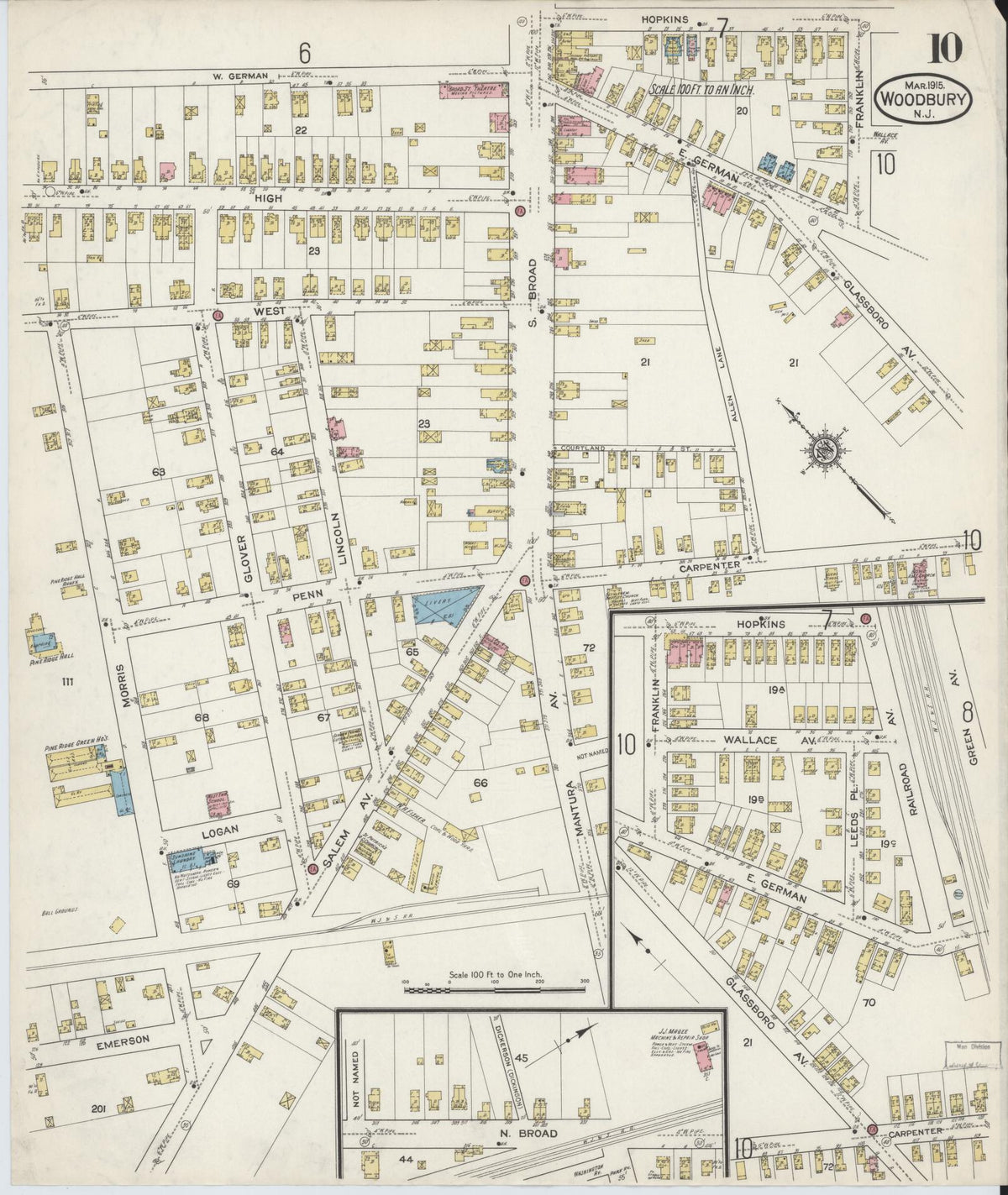 Sanborn Fire Insurance Map from Woodbury, Gloucester County, New Jersey (1915), Sheet #0010 - Historic Sanborn Fire Insurance Map Print, vintage old map wall art, antique decor, genealogy gift, New Jersey New Jersey map