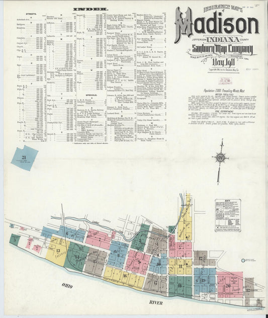 Sanborn Fire Insurance Map from Madison, Jefferson County, Indiana (1911), Sheet #0001 - Historic Sanborn Fire Insurance Map Print, vintage old map wall art, antique decor, genealogy gift, Indiana Indiana map