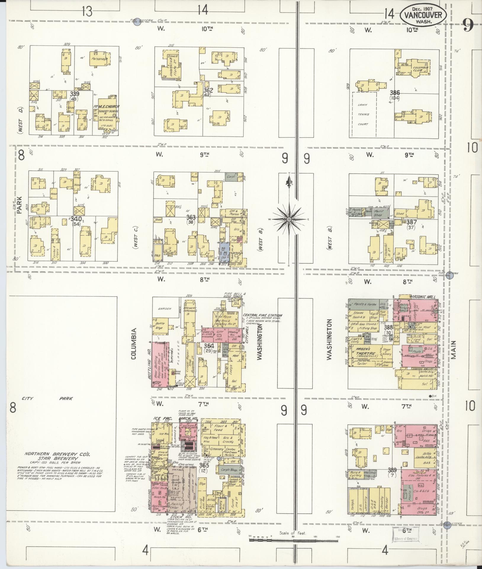 Sanborn Fire Insurance Map from Vancouver, Clark County, Washington (1907), Sheet #0009 - Complete Map Set gallery image, historic Sanborn map, vintage wall art, Washington Washington