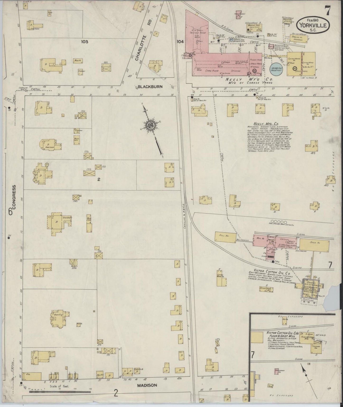 Sanborn Fire Insurance Map from York[ville], York County, South Carolina (1910), Sheet #0007 - Historic Sanborn Fire Insurance Map Print, vintage old map wall art, antique decor, genealogy gift, South Carolina South Carolina map