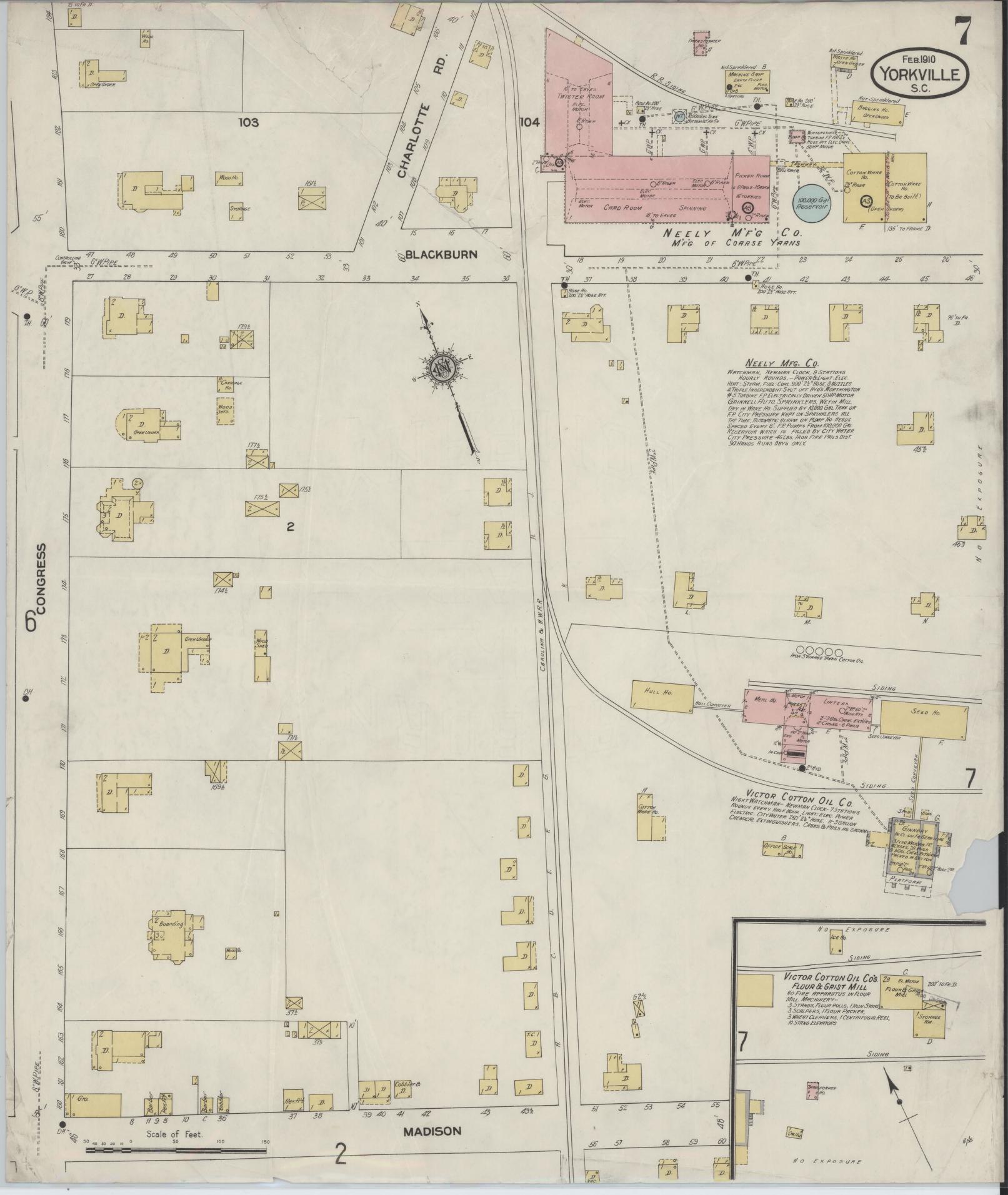 Sanborn Fire Insurance Map from York[ville], York County, South Carolina (1910), Sheet #0007 - Historic Sanborn Fire Insurance Map Print, vintage old map wall art, antique decor, genealogy gift, South Carolina South Carolina map