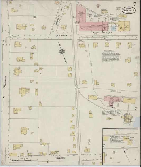 Sanborn Fire Insurance Map from York[ville], York County, South Carolina (1910), Sheet #0007 - Historic Sanborn Fire Insurance Map Print, vintage old map wall art, antique decor, genealogy gift, South Carolina South Carolina map