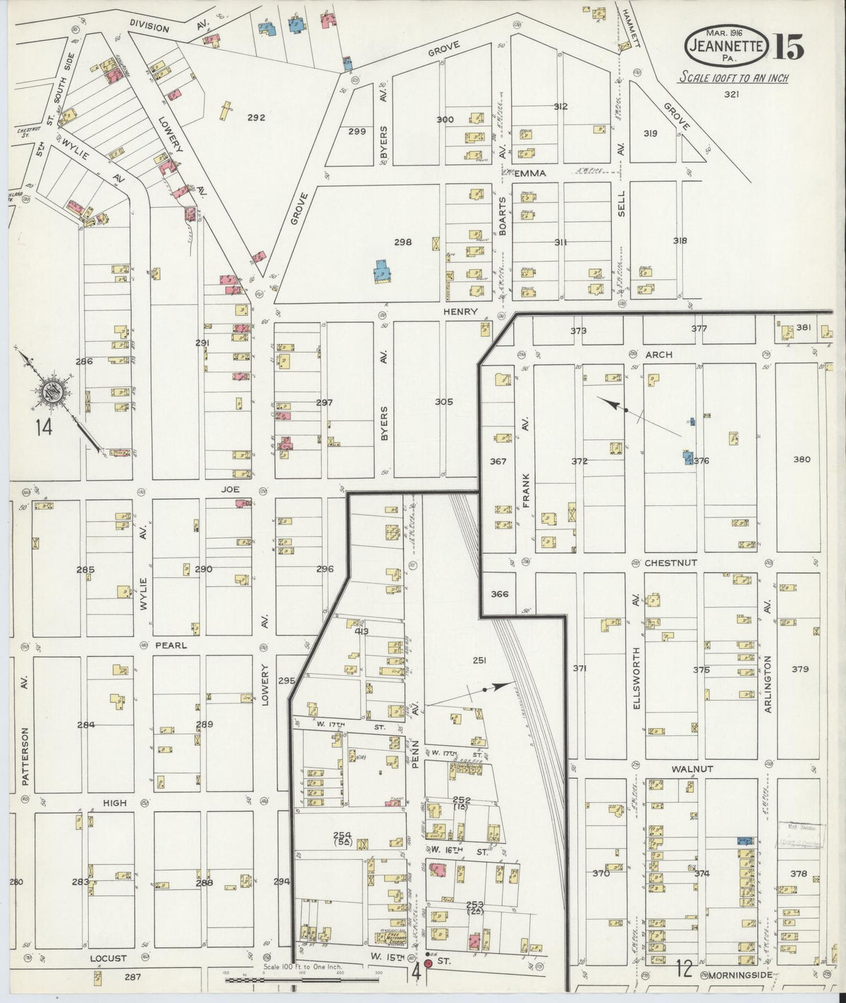Sanborn Fire Insurance Map from Jeannette, Westmoreland County, Pennsylvania (1916), Sheet #0015 - Complete Map Set gallery image, historic Sanborn map, vintage wall art, Pennsylvania Pennsylvania