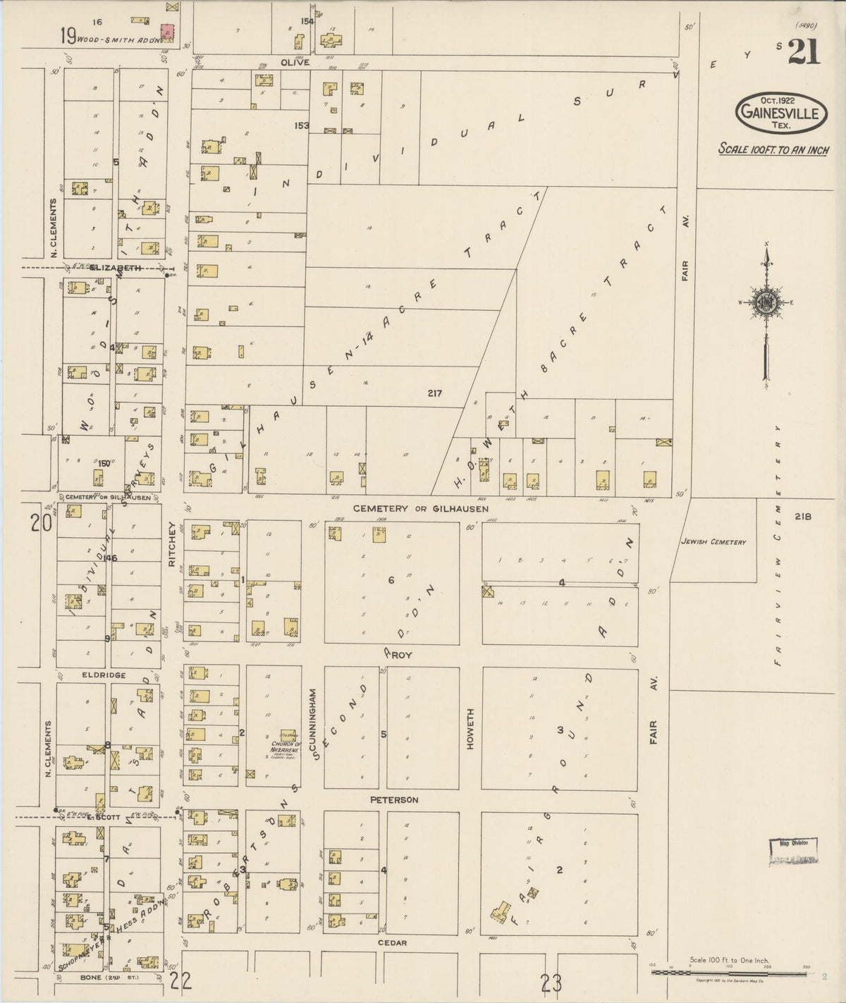 Sanborn Fire Insurance Map from Gainesville, Cooke County, Texas (1922), Sheet #0021 - Complete Map Set gallery image, historic Sanborn map, vintage wall art, Texas Texas