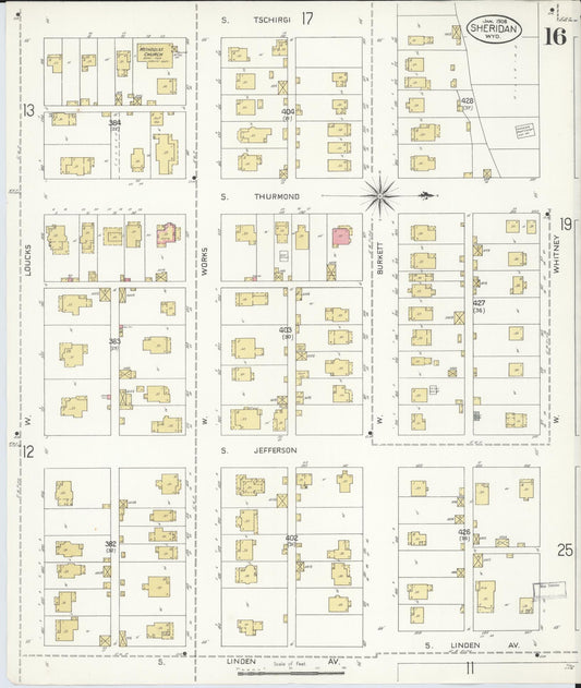 Sanborn Fire Insurance Map from Sheridan, Sheridan County, Wyoming (1908), Sheet #0016 - Historic Sanborn Fire Insurance Map Print, vintage old map wall art, antique decor, genealogy gift, Wyoming Wyoming map